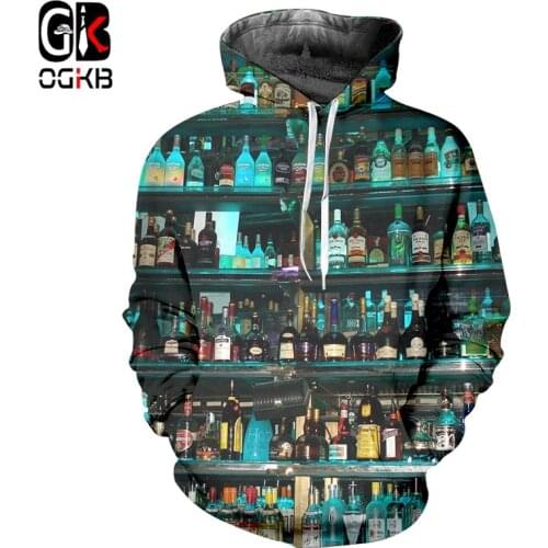 OGKB Hoodies New Harajuku 3D Wine Bottle Print Cool Beer Sweatshirt Women/mens Outfit Autumn Winter Loose Hooded Hoody Jumpers
