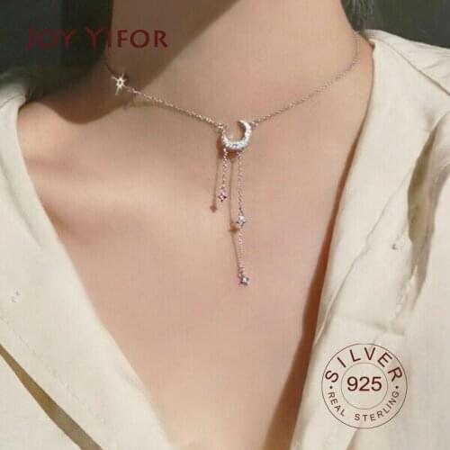 Real 925 Sterling Silver Geometric moon tassel Choker Necklace For Fashion Women Minimalist Fine Jewelry Cute Accessories