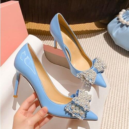 Chic Pearl Studs Bowtie Wedding Pumps Blue Pink Black Patent Leather High Heel Pointed Toe Beads Butterfly Knot Party Shoes