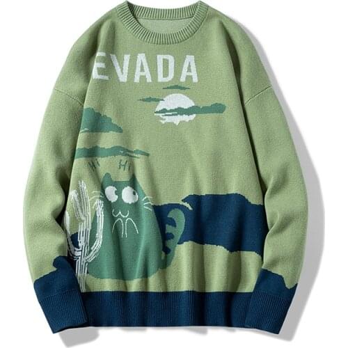 Spring and Autumn Cartoon Cat Knitted Sweater Vintage Retro Harajuku Couple Loose O-Neck Sweater Cotton Pullover Men Clothing