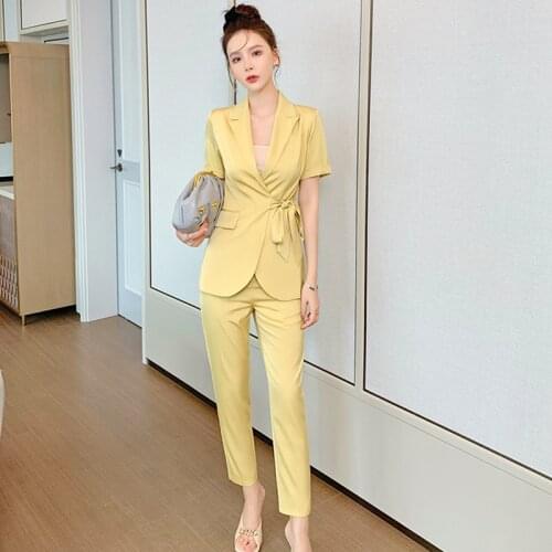 Vintage Short Sleeve Suit Casual Satin Blazer Coat Korean Women OL Elegant Acetate High Waist Long Straight Pants 2 Pieces Set