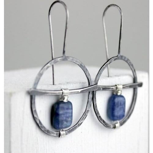 Vintage Ethnic Dark Blue Stone Dangle Earrings Indian Tribal Handmade Metal Hollow Circle Hanging Earrings Brincos Mujer Bijoux