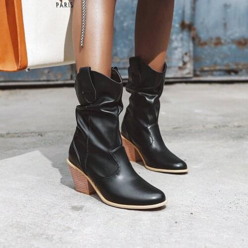 Womens Mid Boots Square High-Heeled Womens Pleated Cuff Boots Autumn Winter Simple Round Toe Womens Boots