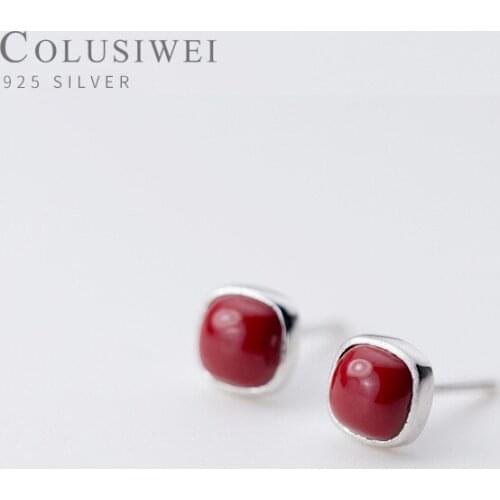 Colusiwei Vintage 925 Sterling Silver Red Onyx Square Stud Earring for Women Elegant Geometric Earring OL Style Fine Jewelry
