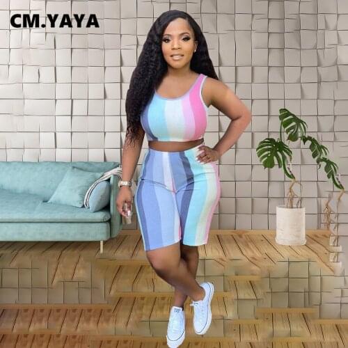 CM.YAYA Women Set Striped Sleeveless O-neck Crop Tops Shorts Two Piece Sets Active Tracksuit Sweatsuit Summer Outfit Sporty 2021
