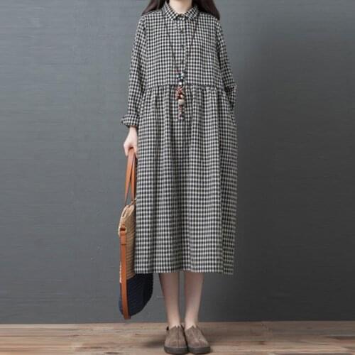 Women Autumn Cotton Linen Casual Dress New 2020 Arts Style Vintage Plaid Turn-down Collar Mori Girls A-line Long Dresses S1886
