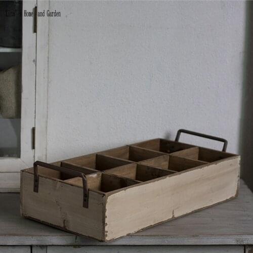 Handmade 8 equal space vintage wooden storage crates with side metal handles