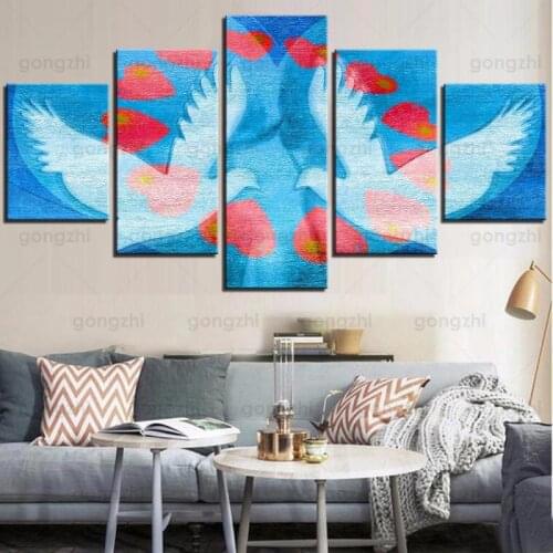 Abstract Love and Peace Birds Charity Home 5Pcs Theme Poster Modern Canvas Waterproof Ink Printing Frameless Wall Mural