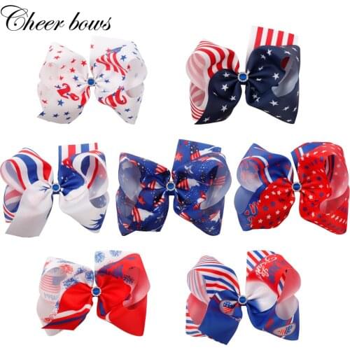 Cheer Bow Hair Accessories 8" 4Th Of July Large Hair Bow With Clip Rhinestone Hair Clip Printed Flag Ribbon Hairpin For Girls