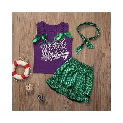 Citgeett Toddler Kids Baby Girls Mermaid Clothes Sleeveless Vest Tops+Shorts+Headband 3PCS Outfits 1-6Y