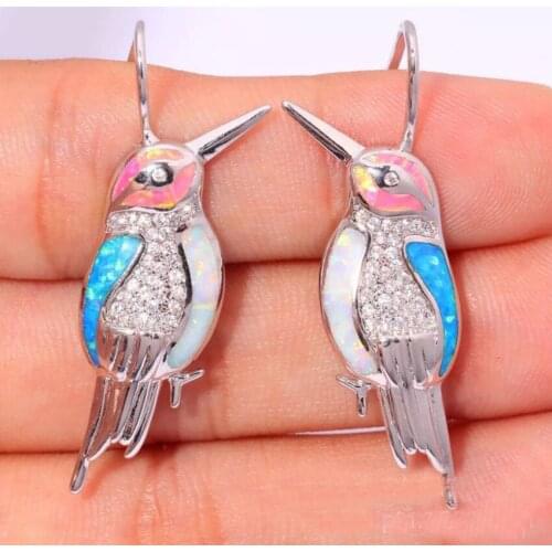 FYSL Silver Plated Lovely Bird Shape Opalite Opal Dangle Earrings for Women Animal Jewelry