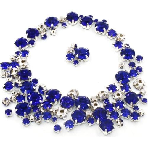 Hot sale strass 100pcs/pack Mixed size Royal blue glass crystal sliver base sew on rhinestones diy clothing accessories