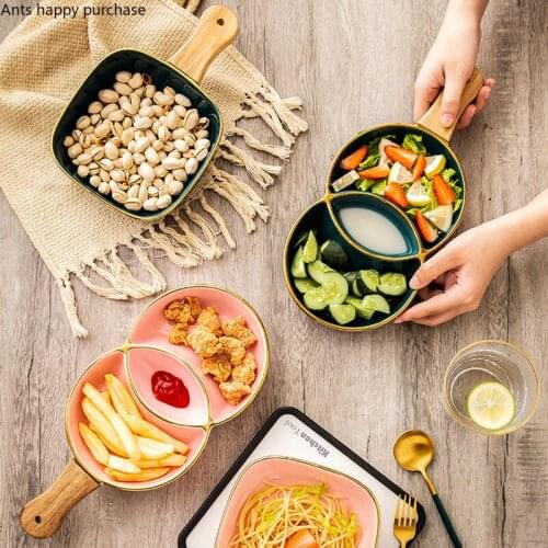 Phnom PenhCeramic Dinner Plate with Handle Square Double Circle Large Baking Tray Baking Bowl Home Tableware Decorative Plate