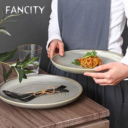 FANCITY Japanese-style ceramic plates, household underglaze colored shallow flat plates, creative kilns, large plates, dishes