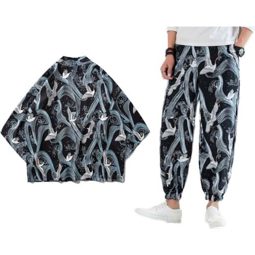 Japanese Harajuku Style Crane Kimono Haori Cropped Pants Samurai Man Summer Streetwear Cardigan Jogger Trousers Clothing Outfits