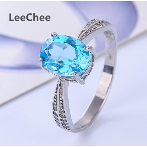 LeeChee Switzerland Blue Topaz ring fine jewelry oval gemstone for women birthday gift free ship real 925 Solid Sterling Silve