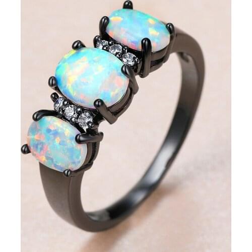 Cute Female White Opal Stone Ring Charm 14KT Black Gold Wedding Rings For Women Luxury Bride Oval Crystal Engagement Ring