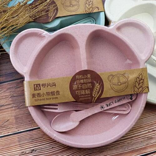 Cartoon Feeding Food Baby Tableware Set Bear Kids bowl+spoon+fork Dishes Eating Dinnerware Anti-hot Wheat Straw Solid Tableware