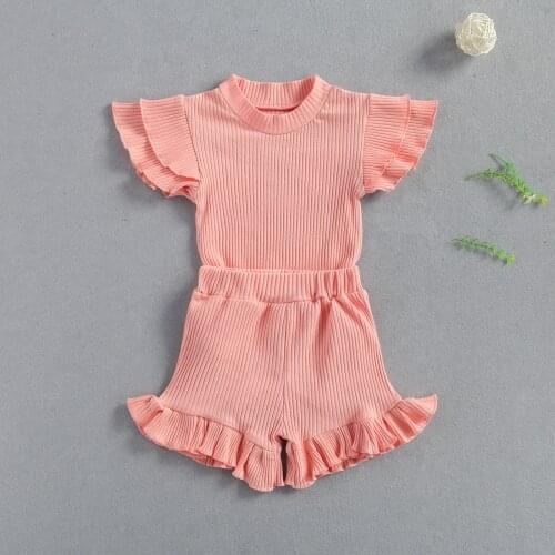 NewBorn Girls Solid Color Clothes Set Short Lace Sleeve Romper Top and Short Lace Hem Pants 2 Pcs Suits