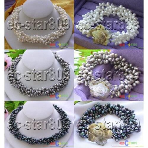 P1664 4ROW 7MM GRAY WHITE BLACK RICE FRESHWATER CULTURED PEARL NECKLACE CHOKER BRACELET SHELL FLOWER CLASP WOMEN