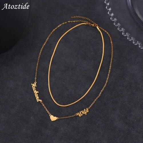 Customized Stainless Steel 2 Names Necklace Personalized Letter Gold Double Layers Thick Chain Pendant Nameplate for Women Gift