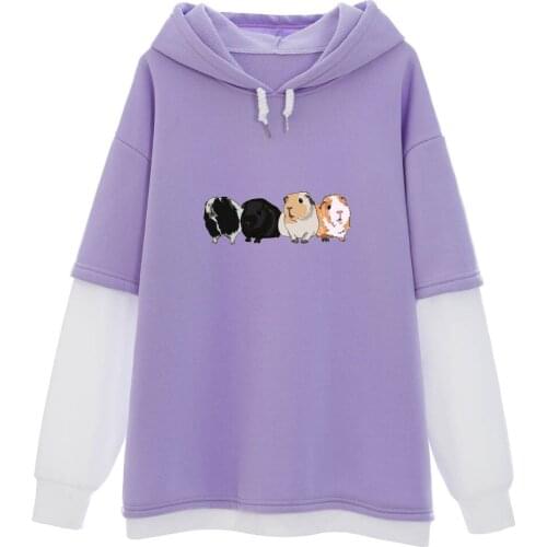 Color Block Guinea Pig Sweatshirts Women Oversize Harajuku Vintage Graphic Long Sleeve Hoodie Thermal Clothes Fake 2 Pieces Tops