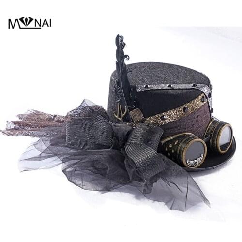 Steampunk Top Hat Detachable Goggles Anime Cosplay Gothic Hat Polyester Black Feather Halloween Vintage Hair Accessories