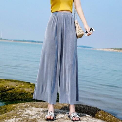 2021 Spring Summer Women Wide Leg Pants High Waist Loose Casual Bohemian beach pants plus size Ice Silk Ankle-Length Trousers