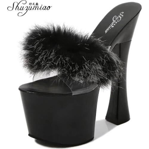 Shuzumiao Shoes Women Slipper Fur Platform Summer Fine Heel 17cm High Heels Slipper Female Thick Bottom Sexy Party Shoes Sandals