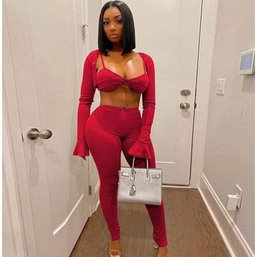 Sexy 3 Piece Set Women Club Wear Birthday Outfits Flare Sleeve Cardigan Top+ Bra + Pants Sets Rave Festival Matching Sets Co Ord