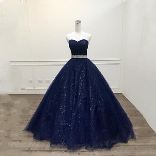 Vestido De Noiva 2021 Shine Navy Blue Princess Ball Gown Pleat Evening Dress Plus Size Custom Made Robe De Mariage