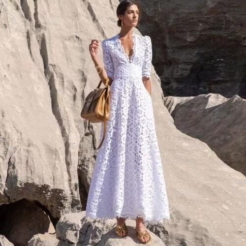 IVY HE Elegant White Maxi Dress For Women V Neck Half Sleeve High Waist Hollow Out Slim Dresses Women New Style Fashion Traf ZA