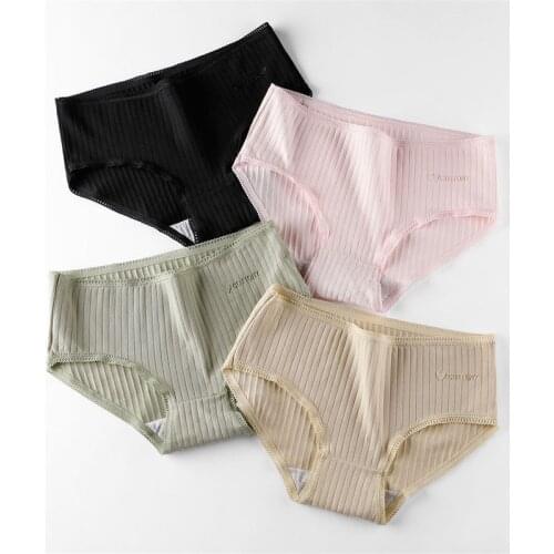 3Pcs/Pack Comfortable Panties Women Fashion Soft Cotton Briefs Stripe Pants Solid Color Lingerie Female Underwear S-M-L-XL