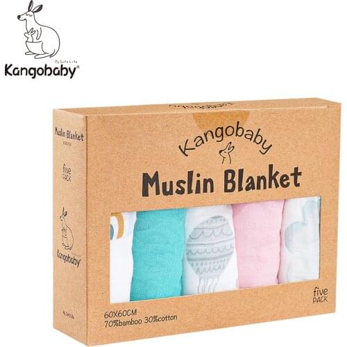 Kangobaby #Bamboo Cotton# 5 Pieces Pack Soft Breathable Cute Prints Muslin swaddle Baby Bib