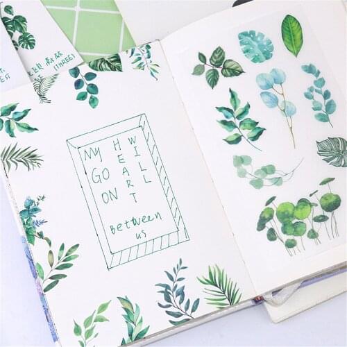 6sheets Nordic Style Fresh Green Leaf Stickers Washi Paper Decorative Label Stickers DIY Planner Notebook Decorations Stationery