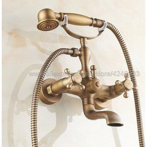 Antique Brass Wall Mount Bathtub Tub Mixers Two Cross Handles Bathroom Bath Shower Faucet with Handshower Ktf151