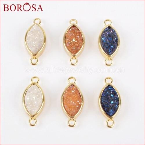 BOROSA 10PCS New Connector Charms Gold Color Bezel Marquise Rainbow Titanium Druzy Connector for DIY Jewelry Findings ZG0156