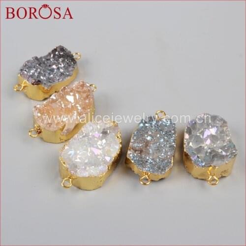 BOROSA 10pcs Gold Color Natural Crystal Quartz Titanium Mix COLOR Drusy Geode Slice Connector Druzy Double Bails G1036