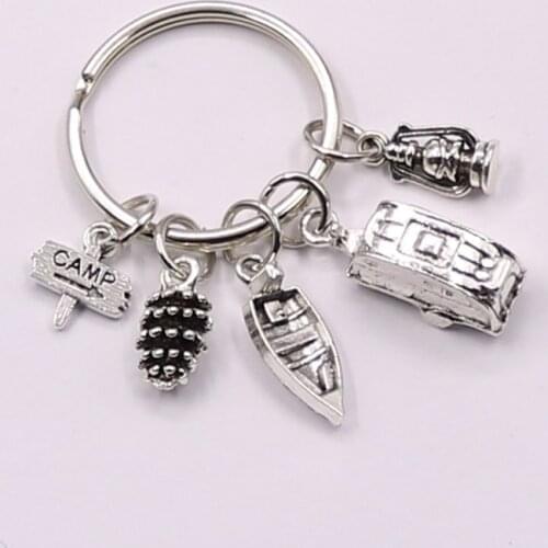 Trailer Key Chain Silver tone RV Caravan Camping Fishing Keychain Nature Outdoors Vacation,Snowbirds Keyring Souvenir