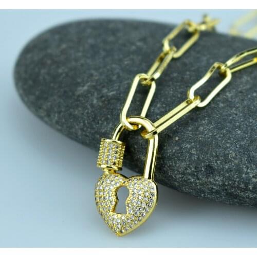 Heart Lock Clasp Pendant Necklace Metal Buckle Pendant Necklace Rainbow AAA Zircon Jewelry Chain Necklace Handmade Jewerly