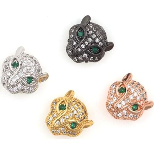 CZ Micro Pave Green Eyes Leopard Head Spacer Beads for Bracelets Necklaces Pendants Jewerly Making 11x11x5.6MM