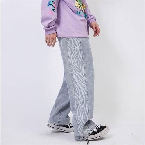 EukaaRu Zebra Stitched Washed Denim Jeans Mens Loose Straight Drawstring Leggings Casual Wide Leg Pants Women Boyfriend Clothes