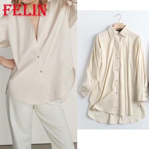 FELIN Za Oversized Long Beige Shirts Women Office Lady Button Fashion 2021 Shirts Female Elegant Blusas Chic Mujer Tops