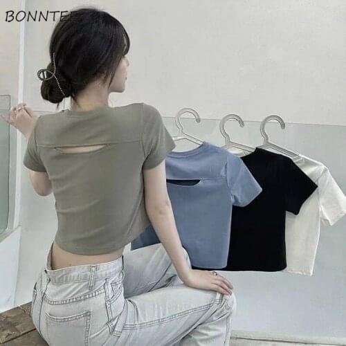 T-Shirts Women Hole Slim Designer Simple All-match Korean Style Sexy Female Clothing Popular Trendy Elegant Mujer Cozy Vintage