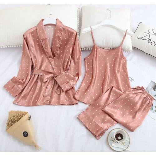 Three-pieces Womens Dot Printing Silky Satin Pajamas Sets Long Sleeve Spring Long Pants Pyjamas Sets Female Sexy Nightwear