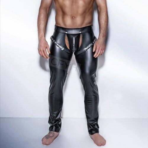Fashion Mens Black Faux Leather Pants Long Trousers Sexy And Novelty Skinny Muscle Tights Mens Leggings Slim Fit Tight Men Pant
