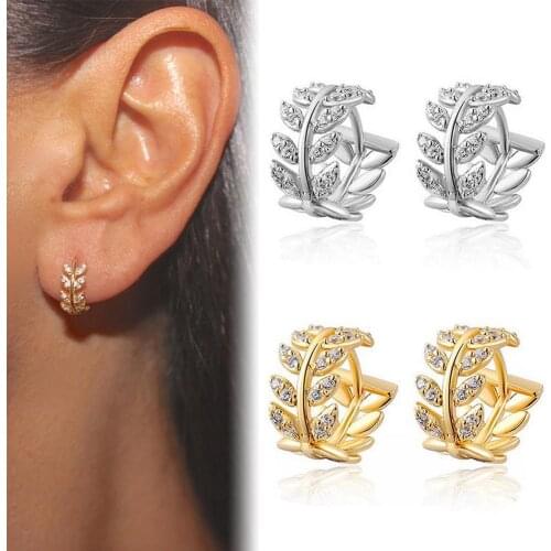 Fashion Women Earrings Ear clip Cubic Zirconia Inlaid Leaf Dangle Huggie Earrings Piercing Jewelry Womans accesories