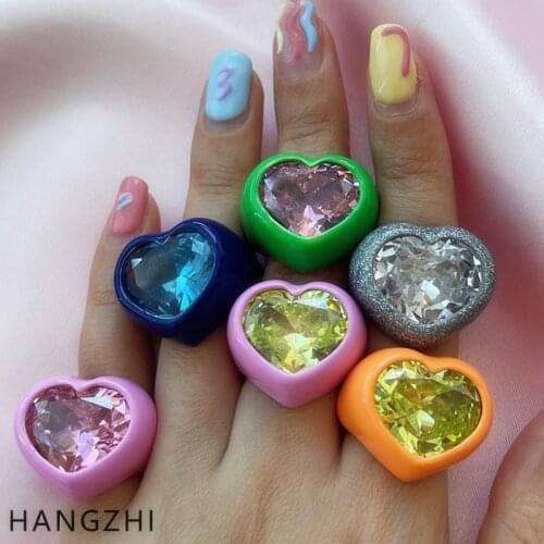 INES New Shiny Color Zircon Drip Glaze Enamel Heart Love Open Rings for Women Girls Party Travel Fashion Jewelry HANGZHI 2021