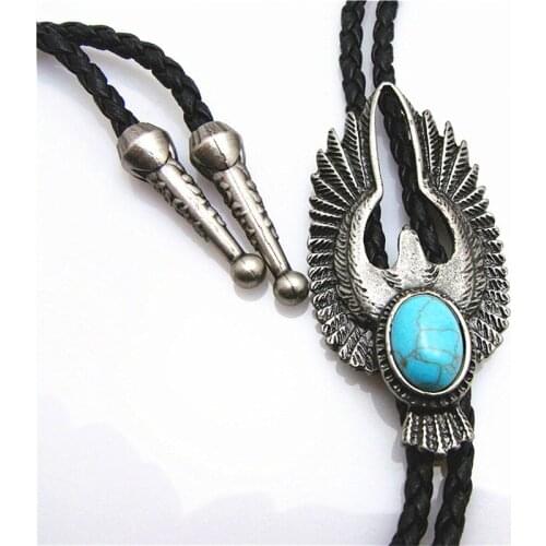 Bolo Tie New Retro Shirt Chain Blue stone Flying Wings Bollow Collar Leather Necklace Long Tie Pendant