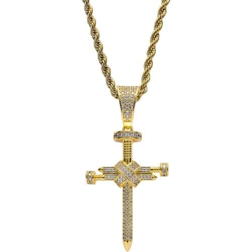 Hip Hop Micro Paved AAA Cubic Zirconia Bling Ice Out Tie Nail Cross Pendants Necklaces for Men Women Rapper Jewelry Gold Color